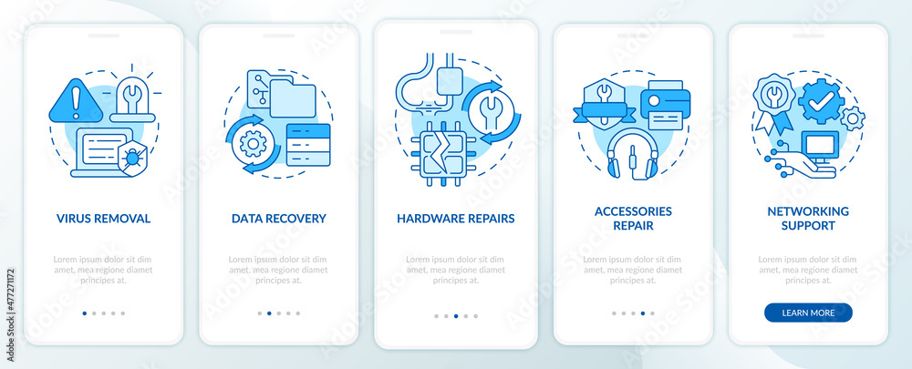 Fototapete Types of repairs blue onboarding mobile app screen. Software, hardware walkthrough 5 steps graphic instructions pages with linear concepts. UI, UX, GUI template. Myriad Pro-Bold, Regular fonts used