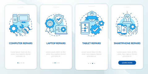 Types of services blue onboarding mobile app screen. Breakdowns fixing walkthrough 4 steps graphic instructions pages with linear concepts. UI, UX, GUI template. Myriad Pro-Bold, Regular fonts used
