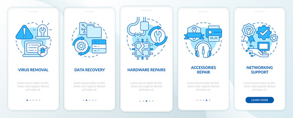 Types of repairs blue onboarding mobile app screen. Software, hardware walkthrough 5 steps graphic instructions pages with linear concepts. UI, UX, GUI template. Myriad Pro-Bold, Regular fonts used