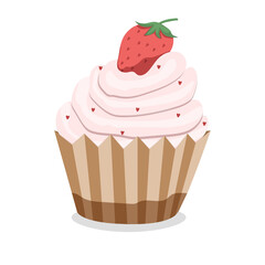 Cupcake illustration. Cupcake with strawberry cream and strawberries for Valentine's Day.