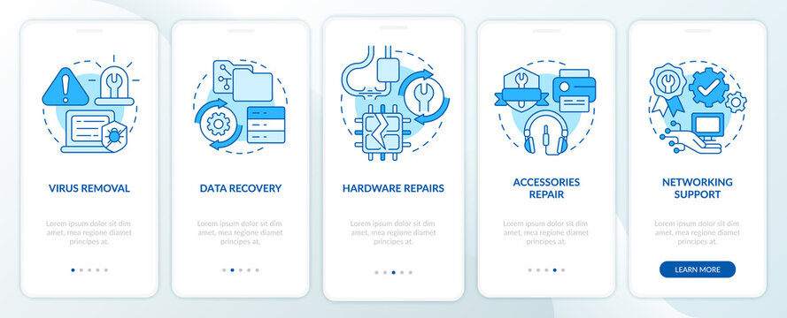 Types of repairs blue onboarding mobile app screen. Software, hardware walkthrough 5 steps graphic instructions pages with linear concepts. UI, UX, GUI template. Myriad Pro-Bold, Regular fonts used