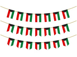 Obraz premium Kuwait flag on the ropes on white background. Set of Patriotic bunting flags. Bunting decoration of Kuwait flag