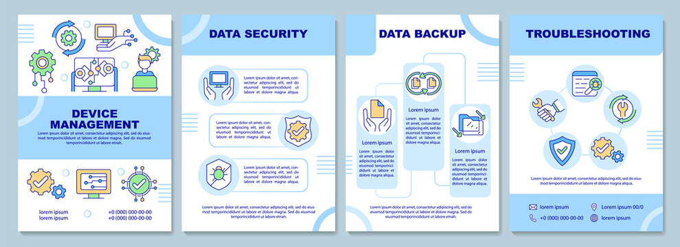 Computer services brochure template. Troubleshooting. Booklet print design with linear icons. Vector layouts for presentation, annual reports, ads. Arial-Black, Myriad Pro-Regular fonts used