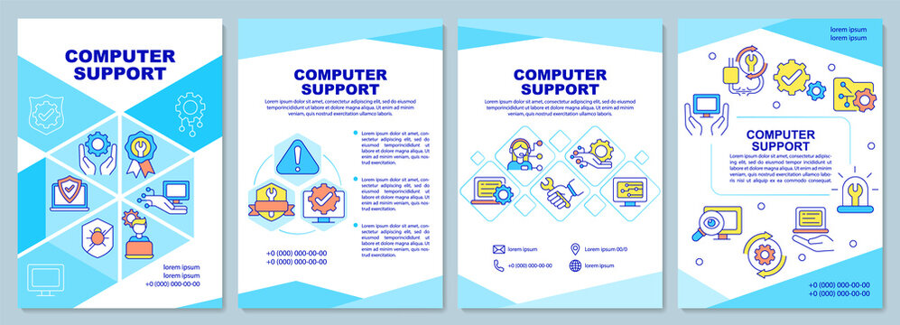 Computer support brochure template. PC diagnostic. Booklet print design with linear icons. Vector layouts for presentation, annual reports, ads. Arial-Black, Myriad Pro-Regular fonts used