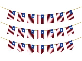 Liberia flag on the ropes on white background. Set of Patriotic bunting flags. Bunting decoration of Liberia flag