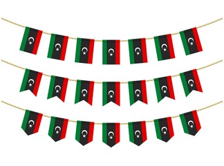 Libya flag on the ropes on white background. Set of Patriotic bunting flags. Bunting decoration of libya flag
