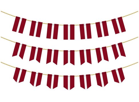 latvia flag on the ropes on white background. Set of Patriotic bunting flags. Bunting decoration of latvia flag