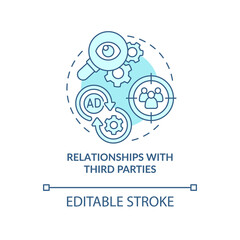 Relationships with third parties turquoise concept icon. Digital marketing abstract idea thin line illustration. Isolated outline drawing. Editable stroke. Roboto-Medium, Myriad Pro-Bold fonts used