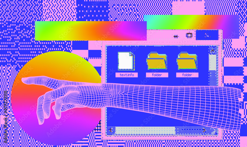 Poster Abstract technology background with glitchy pixels and low poly 3D hand. Vaporwave retofuturistic style vector illustration.