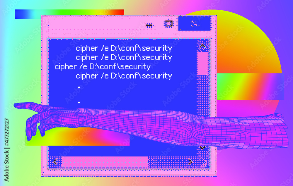 Poster abstract technology background with glitchy pixels and low poly 3d hand. vaporwave retofuturistic st