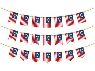 Obraz premium Malaysia flag on the ropes on white background. Set of Patriotic bunting flags. Bunting decoration of Malaysia flag