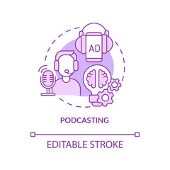 Podcasting purple concept icon. Broadcast show. Digital marketing channel abstract idea thin line illustration. Isolated outline drawing. Editable stroke. Roboto-Medium, Myriad Pro-Bold fonts used