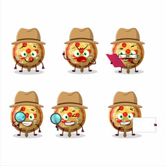 Detective pizza gummy candy cute cartoon character holding magnifying glass