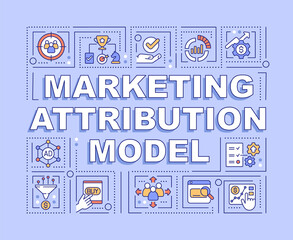 Marketing attribution model word concepts purple banner. Ads analytics. Infographics with linear icons on background. Isolated typography. Vector color illustration with text. Arial-Black font used