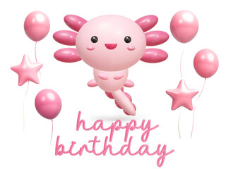 cartoon 3D illustration of Cute Oxolotl. Happy birthday card.