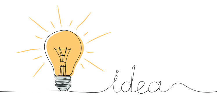 Light bulb with rays shine and idea text. Symbol of creativity, innovation, inspiration, invention and idea. One continuous line drawing. Vector illustration