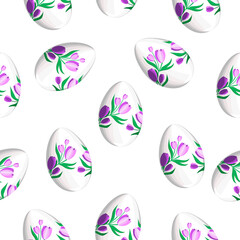 Seamless Easter pattern with eggs decorated with purple tulips on a white background.Vector spring pattern can be used in textiles, postcards, packages.