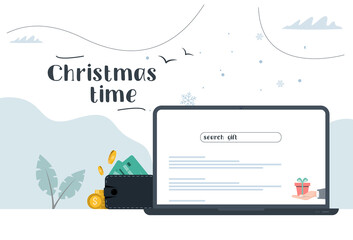 Obraz premium Christmas time. Search gifts in screen laptop, PC. Vector Illustration in modern style