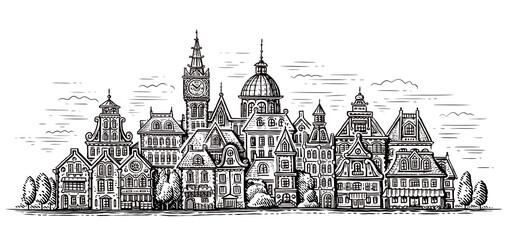 Obraz premium Cityscape with old houses. Hand drawn town sketch illustration