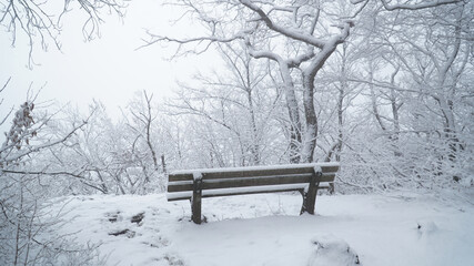 Cold snowy winter landscapes in the forest along the Albsteig hiking trek in Baden-W&uuml;rttemberg, Germany.