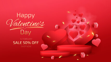 Red podium product display with heart shape elements and gold ribbon. Valentines day background. - obrazy, fototapety, plakaty
