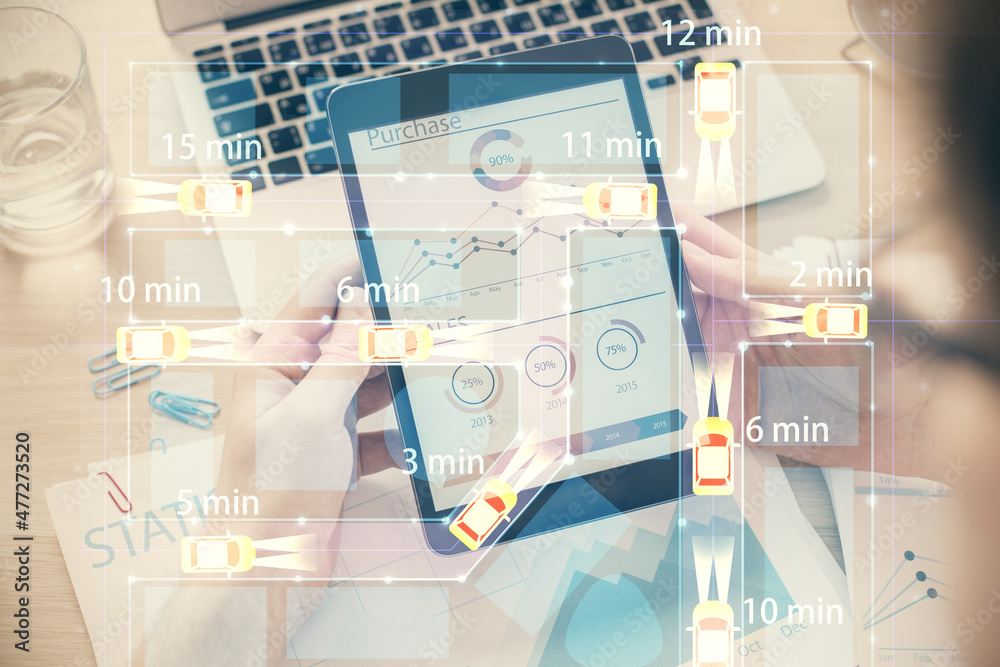 Aufkleber double exposure of man's hands holding and using a digital device and automobile theme hologram draw