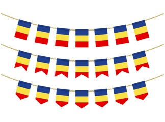 Fototapeta na wymiar Romania flag on the ropes on white background. Set of Patriotic bunting flags. Bunting decoration of Romania flag