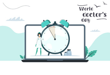 World Doctors Day. Doctor woman and clocks on screen laptop. Vector illustration in modern style