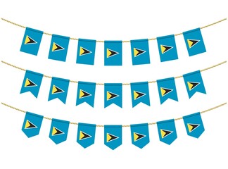 Saint Lucia flag on the ropes on white background. Set of Patriotic bunting flags. Bunting decoration of Saint Lucia flag