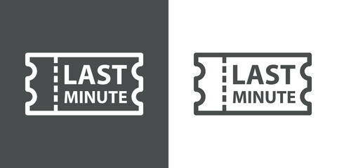 Logo rebajas. Icono ticket con texto Last Minute con líneas en fondo gris y fondo blanco