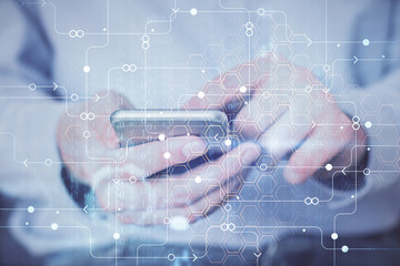 Multi exposure of man's hand holding and using a digital device and data theme drawing. Innovation concept.