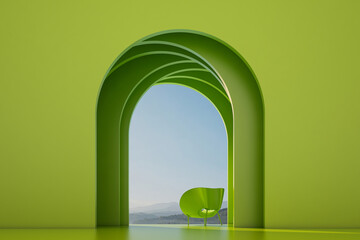 lime green 3d arch exploration with blue sky background, 3d rendering