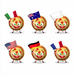 Pizza gummy candy cartoon character bring the flags of various countries