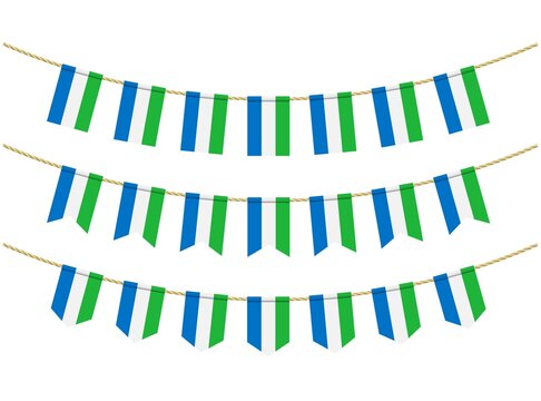 Sierra leone flag on the ropes on white background Set of Patriotic bunting flags. Bunting decoration of Sierra leone flag