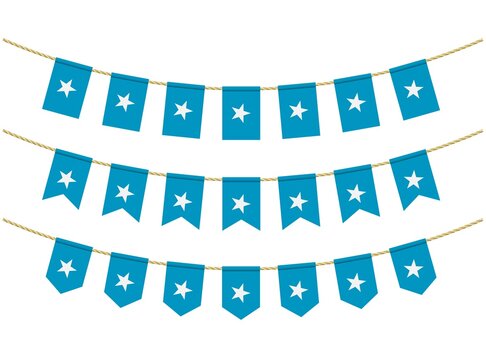 Somalia flag on the ropes on white background. Set of Patriotic bunting flags. Bunting decoration of Somalia flag