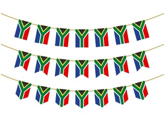 South Africa flag on the ropes on white background. Set of Patriotic bunting flags. Bunting decoration of South Africa flag