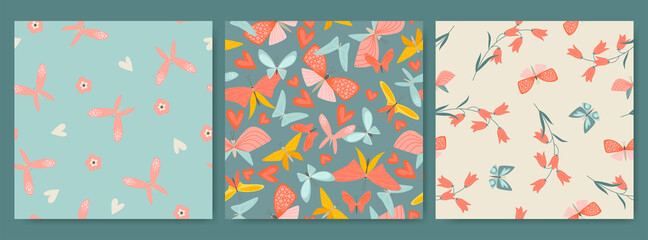 Set of seamless patterns for Valentine's Day with butterflies, hearts and wildflowers.