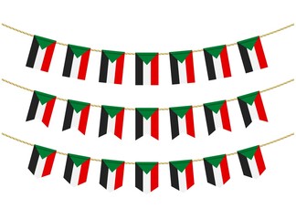 Sudan flag on the ropes on white background. Set of Patriotic bunting flags. Bunting decoration of Sudan flag