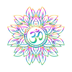 Diwali Om symbol with mandala . Round Pattern. Vintage style decorative vector elements. Hand drawn background. Indian, Great design for tattoo, yoga studio, spirituality concepts, trendy textiles. - obrazy, fototapety, plakaty
