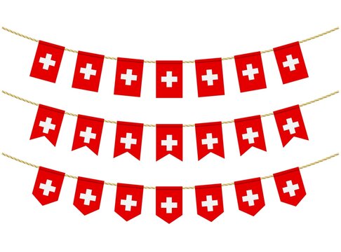 Switzerland flag on the ropes on white background. Set of Patriotic bunting flags. Bunting decoration of Switzerland flag