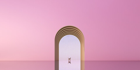 pacific pink arch windows with sky background, minimalist concept, 3d rendering