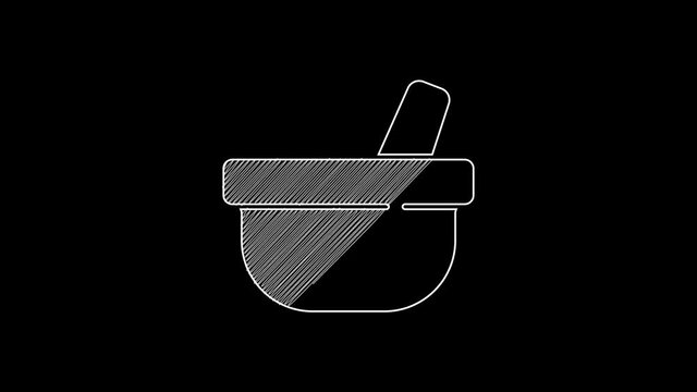 White line Mortar and pestle icon isolated on black background. 4K Video motion graphic animation