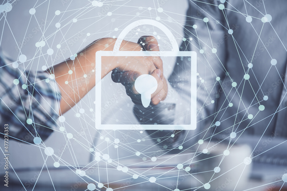 Poster double exposure of lock hologram and handshake of two men. partnership security concept.
