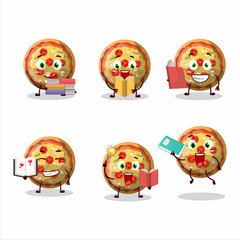 A picture of pizza gummy candy cartoon character concept reading an amusing book