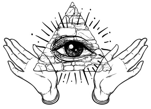 Female hands open around masonic symbol. New World Order. Hand-drawn alchemy, religion, spirituality, occultism. Black and white vector illustration in vintage style isolated on white.