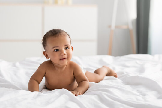 Curious little African American infant lying and crawling on bed