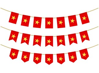 Vietnam flag on the ropes on white background. Set of Patriotic bunting flags. Bunting decoration of Vietnam flag