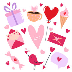A set of isolated elements for Valentine's Day. Letters, love hearts, gifts, candies, ice cream.For a greeting card, a party invitation, a poster, a tag, a set of stickers. Vector illustration.