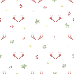 seamless  christmas festive pattern background with glitter elelments and reindeer antler stamp