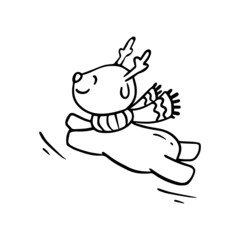 The reindeer fly across the sky. New Year. Christmas. Xmas.Cartoon deer.Contour.Coloring.Vector illustration